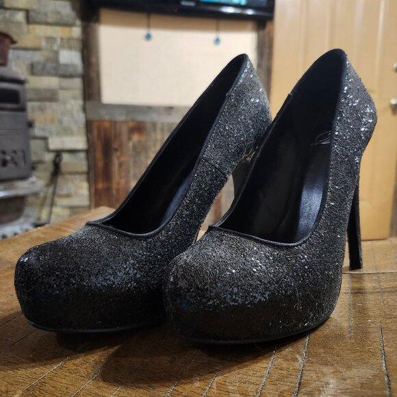 Delicious Shoes Womens 7.5 Black Glitter Stiletto Heels Spike High Heel Party - Picture 3 of 8